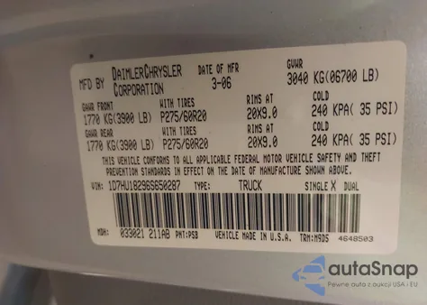 2006 Dodge Ram 1500 St/Slt z USA, uszkodzony, nr VIN 1D7HU18296S650287
